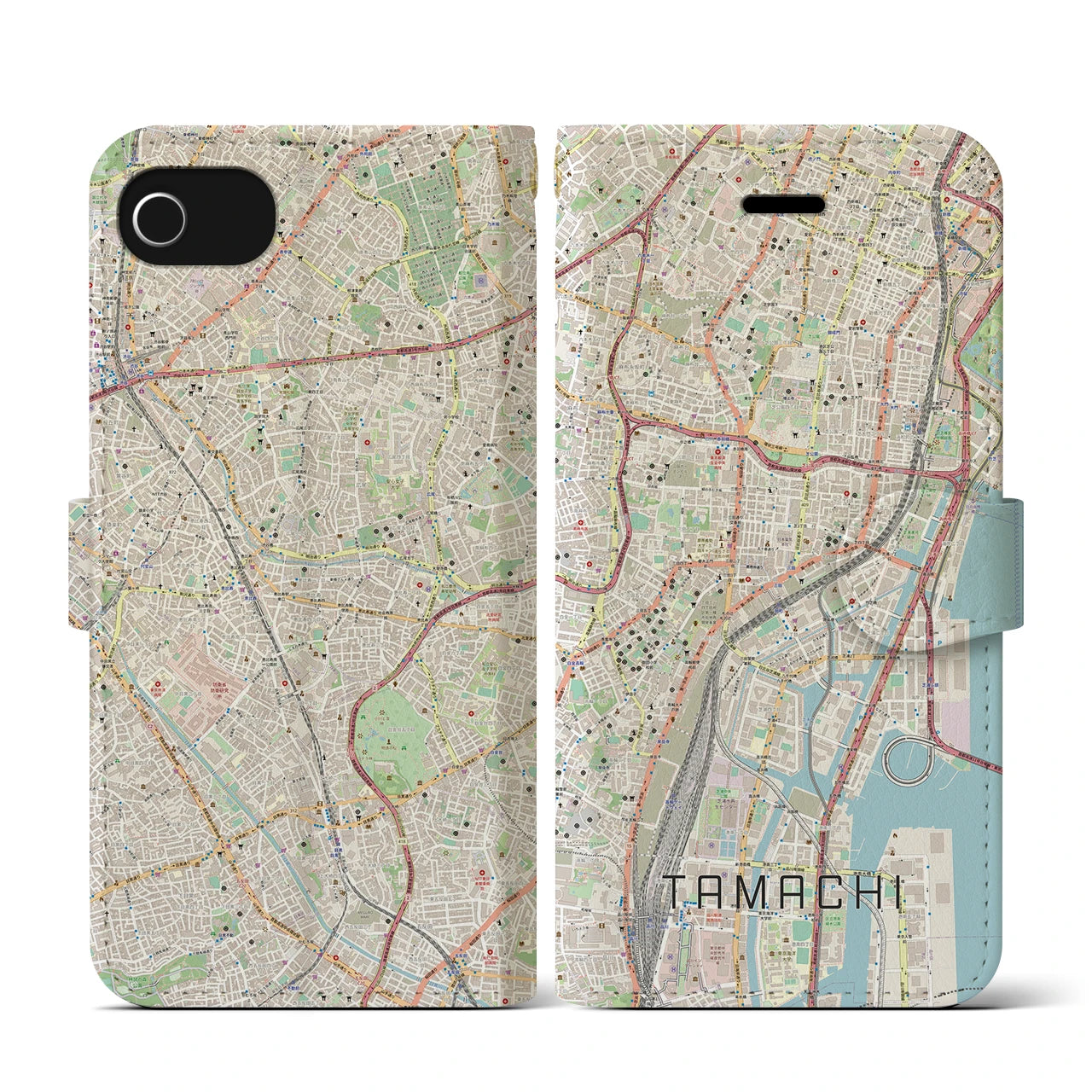 【田町(東京都)】地図柄iPhoneケース(手帳タイプ)ナチュラル・iPhone SE(第3 / 第2世代) / 8 / 7 / 6s / 6 用