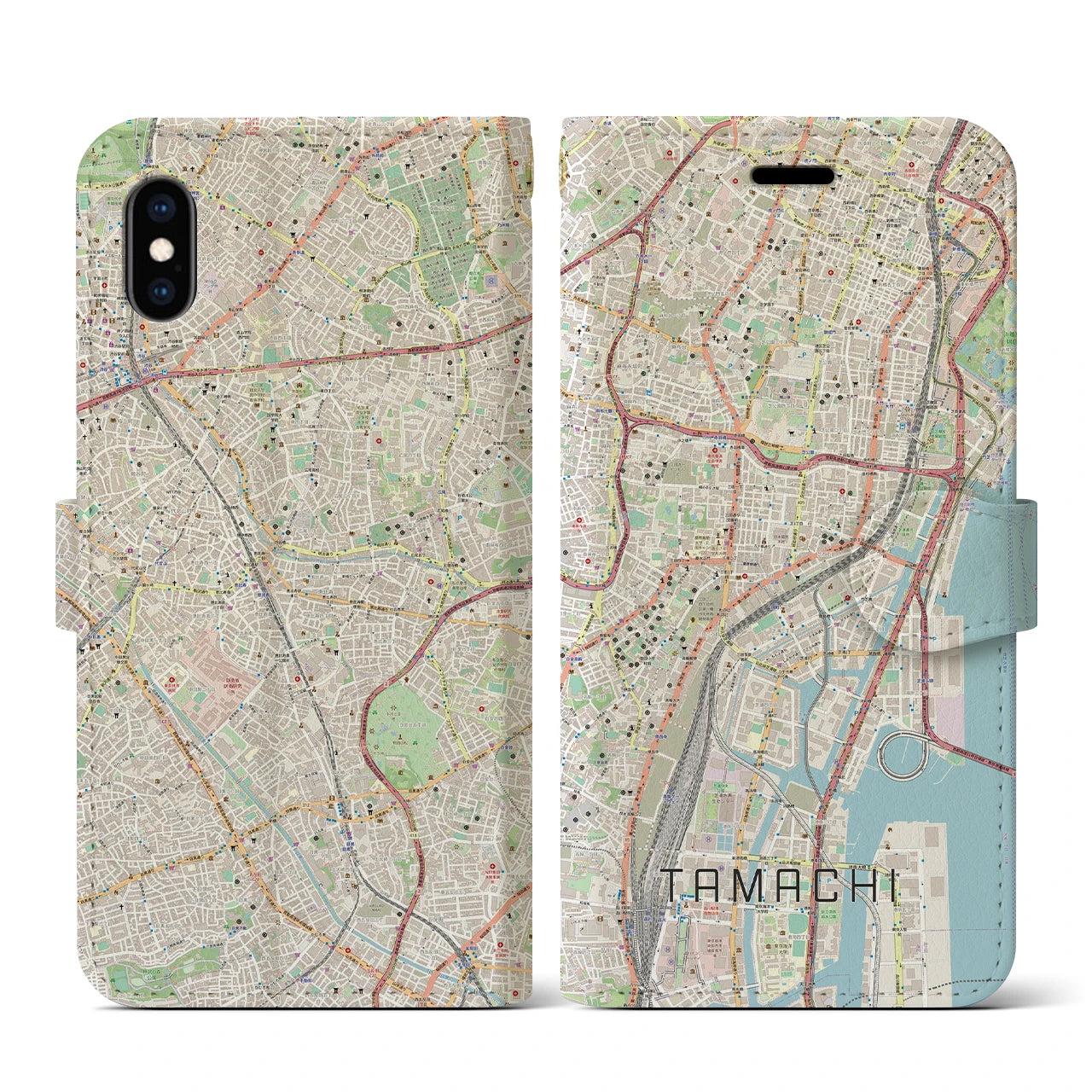 【田町(東京都)】地図柄iPhoneケース(手帳タイプ)ナチュラル・iPhone XS / X 用