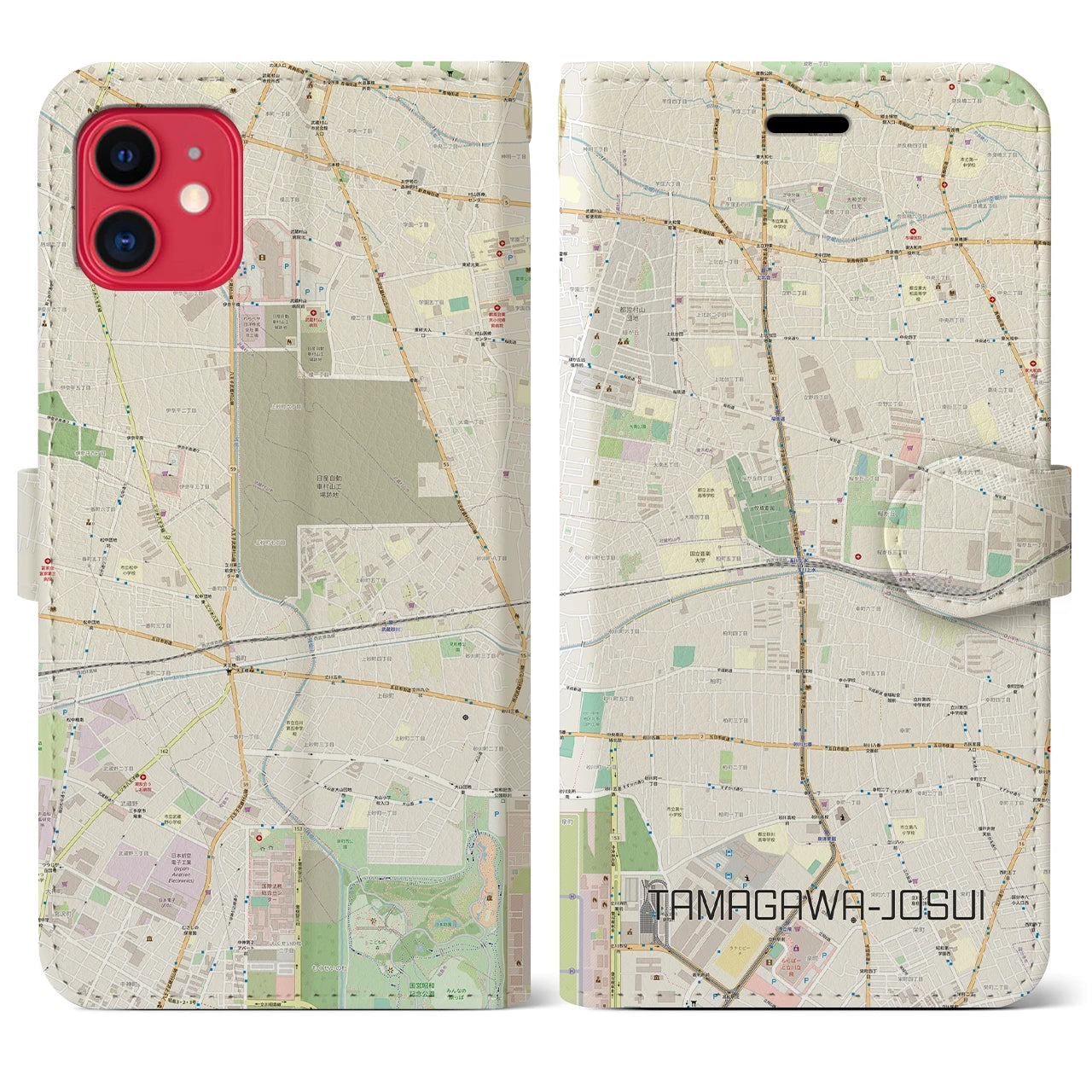 【玉川上水(東京都)】地図柄iPhoneケース(手帳タイプ)ナチュラル・iPhone 11 用