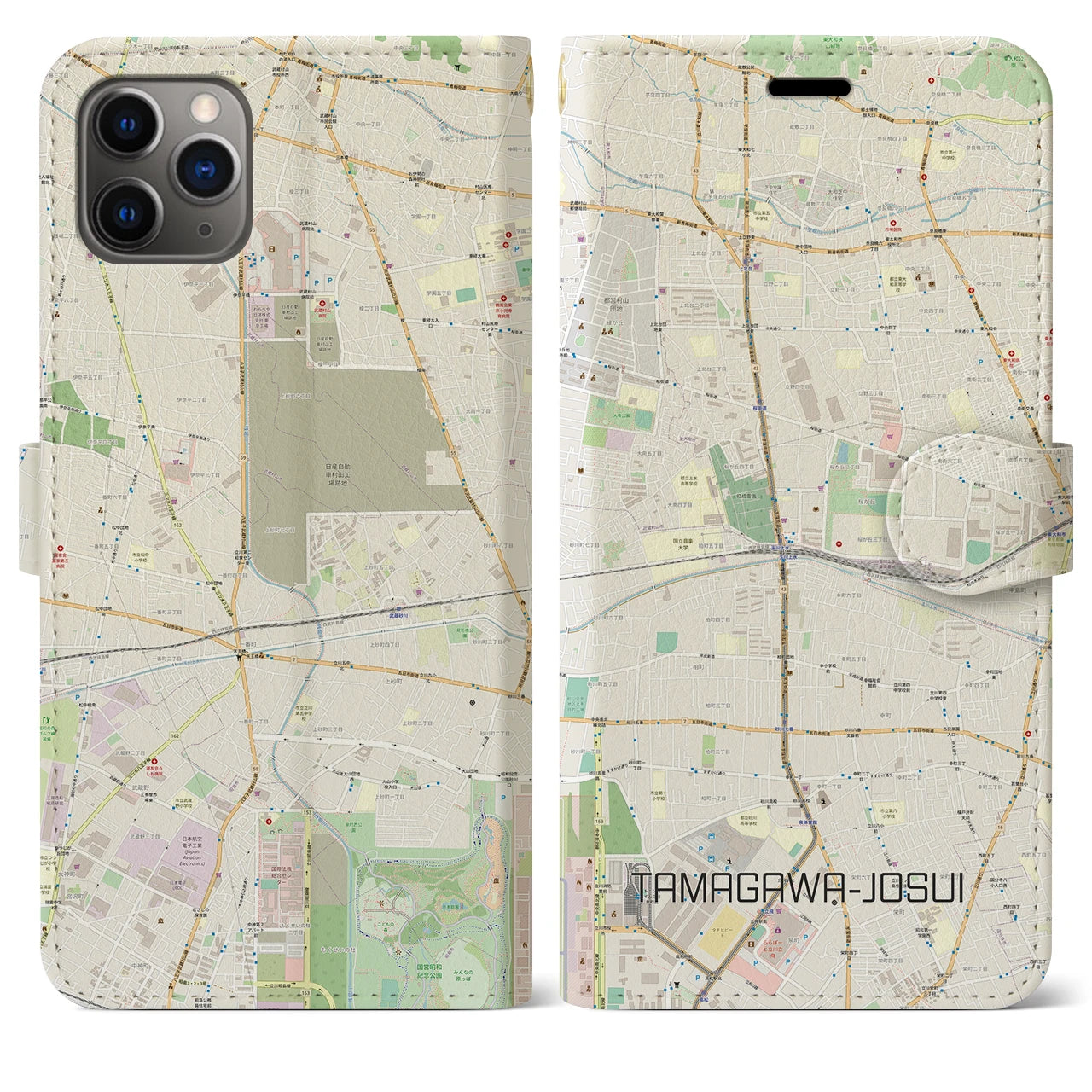 【玉川上水(東京都)】地図柄iPhoneケース(手帳タイプ)ナチュラル・iPhone 11 Pro Max 用