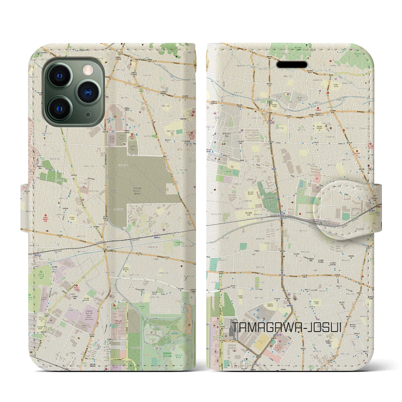 【玉川上水(東京都)】地図柄iPhoneケース(手帳タイプ)ナチュラル・iPhone 11 Pro 用