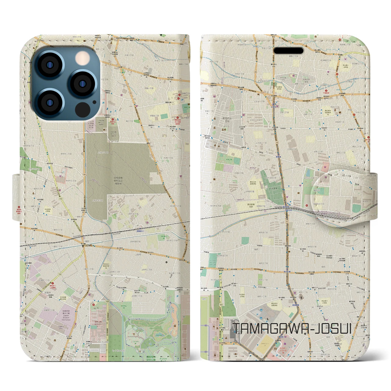 【玉川上水(東京都)】地図柄iPhoneケース(手帳タイプ)ナチュラル・iPhone 12 / 12 Pro 用