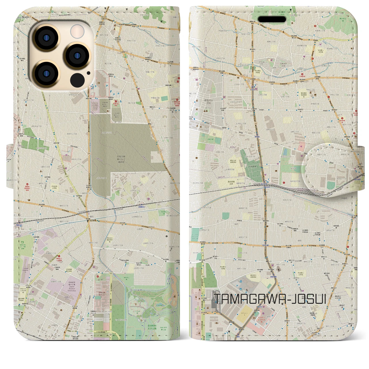 【玉川上水(東京都)】地図柄iPhoneケース(手帳タイプ)ナチュラル・iPhone 12 Pro Max 用