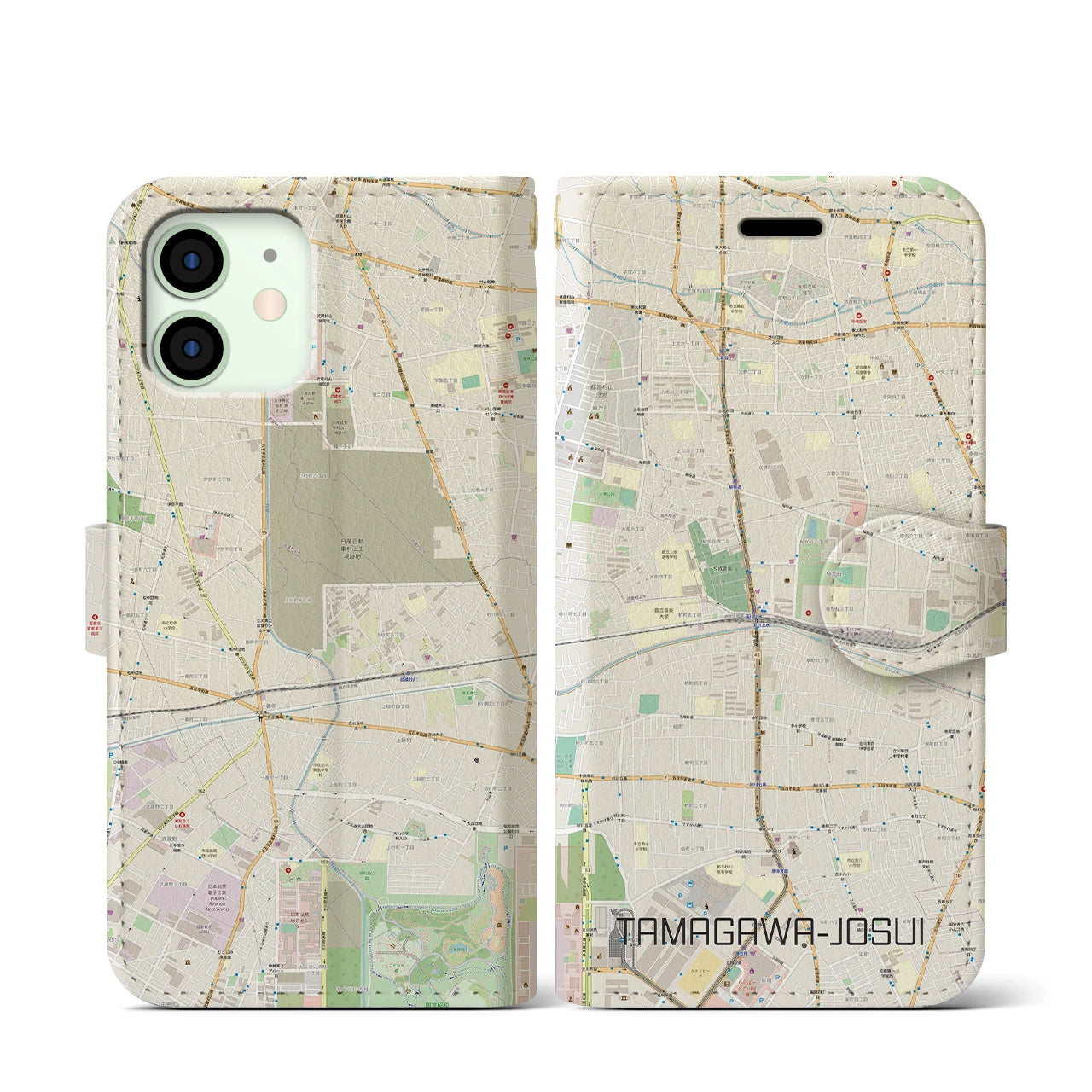 【玉川上水(東京都)】地図柄iPhoneケース(手帳タイプ)ナチュラル・iPhone 12 mini 用