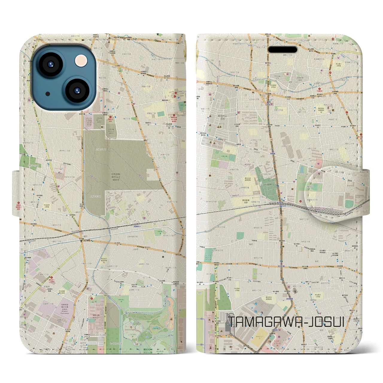 【玉川上水(東京都)】地図柄iPhoneケース(手帳タイプ)ナチュラル・iPhone 13 用