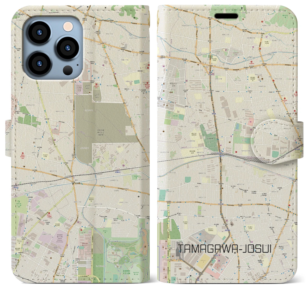 【玉川上水(東京都)】地図柄iPhoneケース(手帳タイプ)ナチュラル・iPhone 13 Pro Max 用