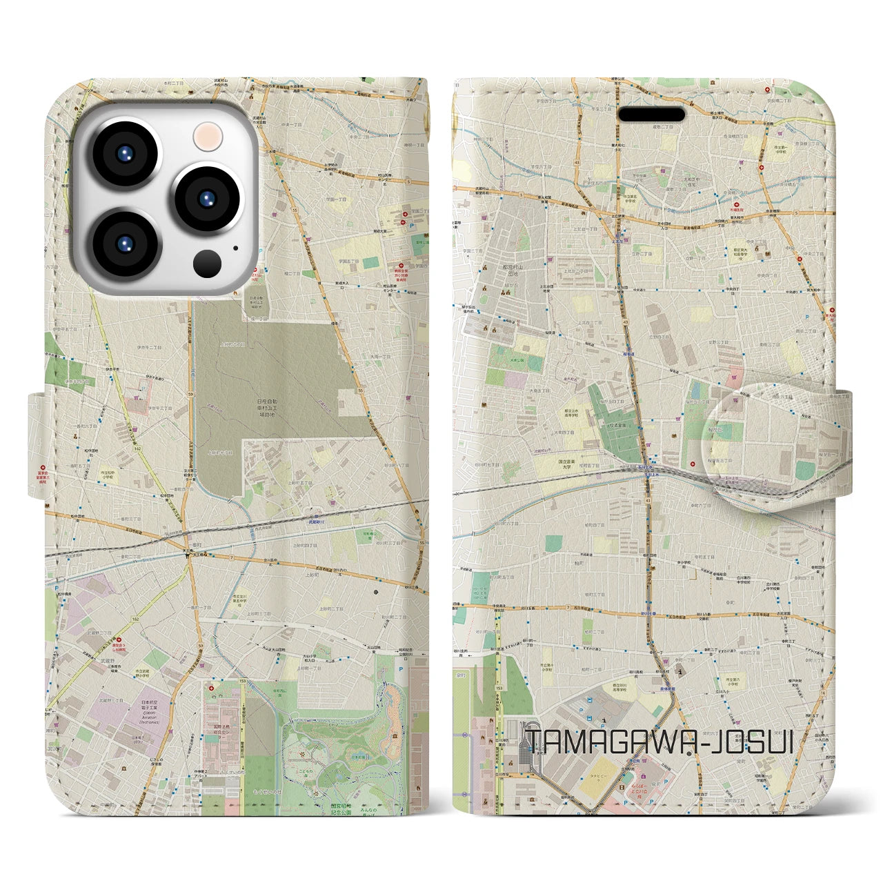 【玉川上水(東京都)】地図柄iPhoneケース(手帳タイプ)ナチュラル・iPhone 13 Pro 用
