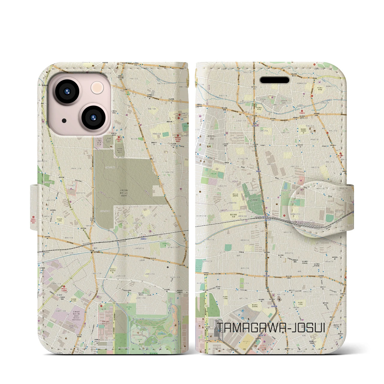 【玉川上水(東京都)】地図柄iPhoneケース(手帳タイプ)ナチュラル・iPhone 13 mini 用