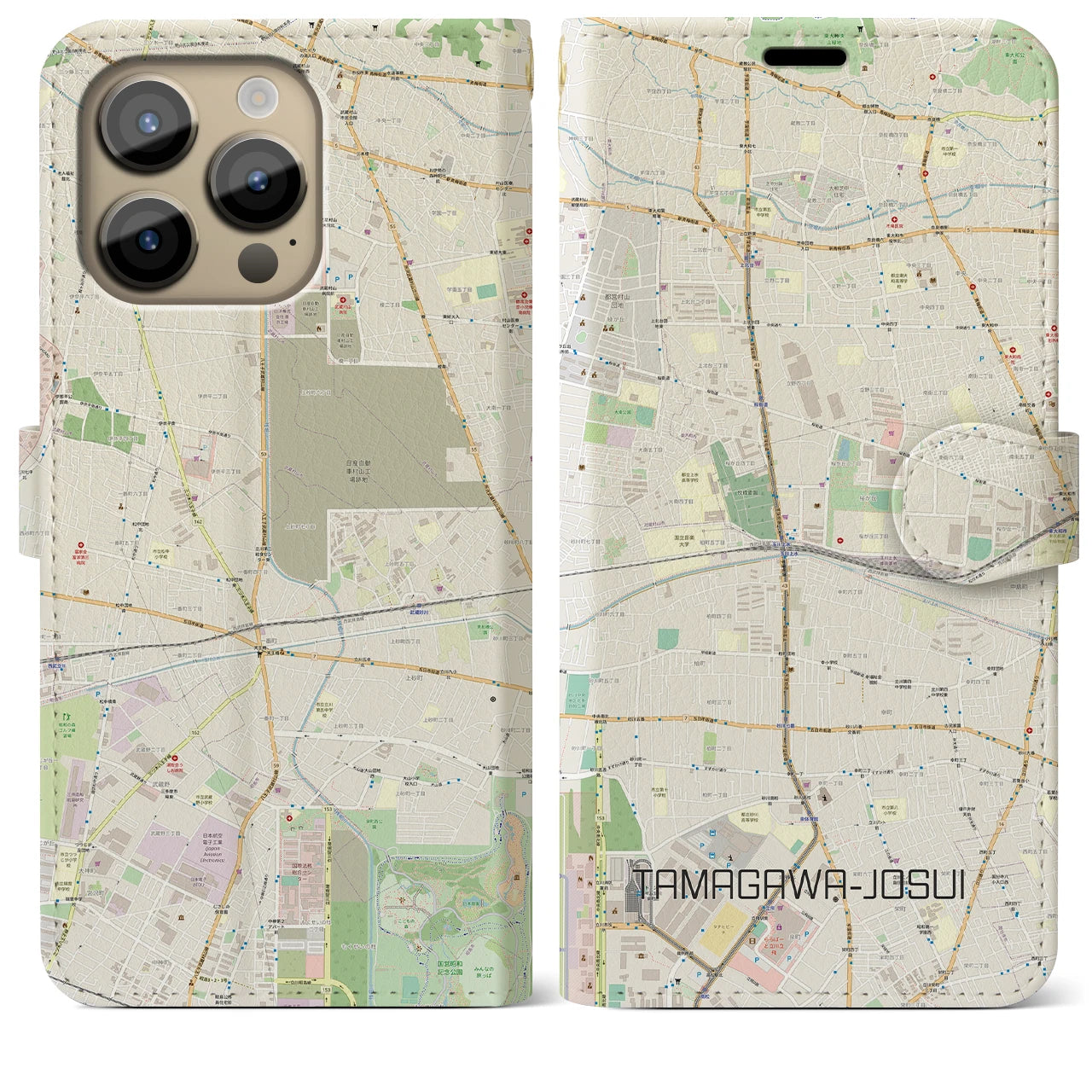 【玉川上水(東京都)】地図柄iPhoneケース(手帳タイプ)ナチュラル・iPhone 14 Pro Max 用