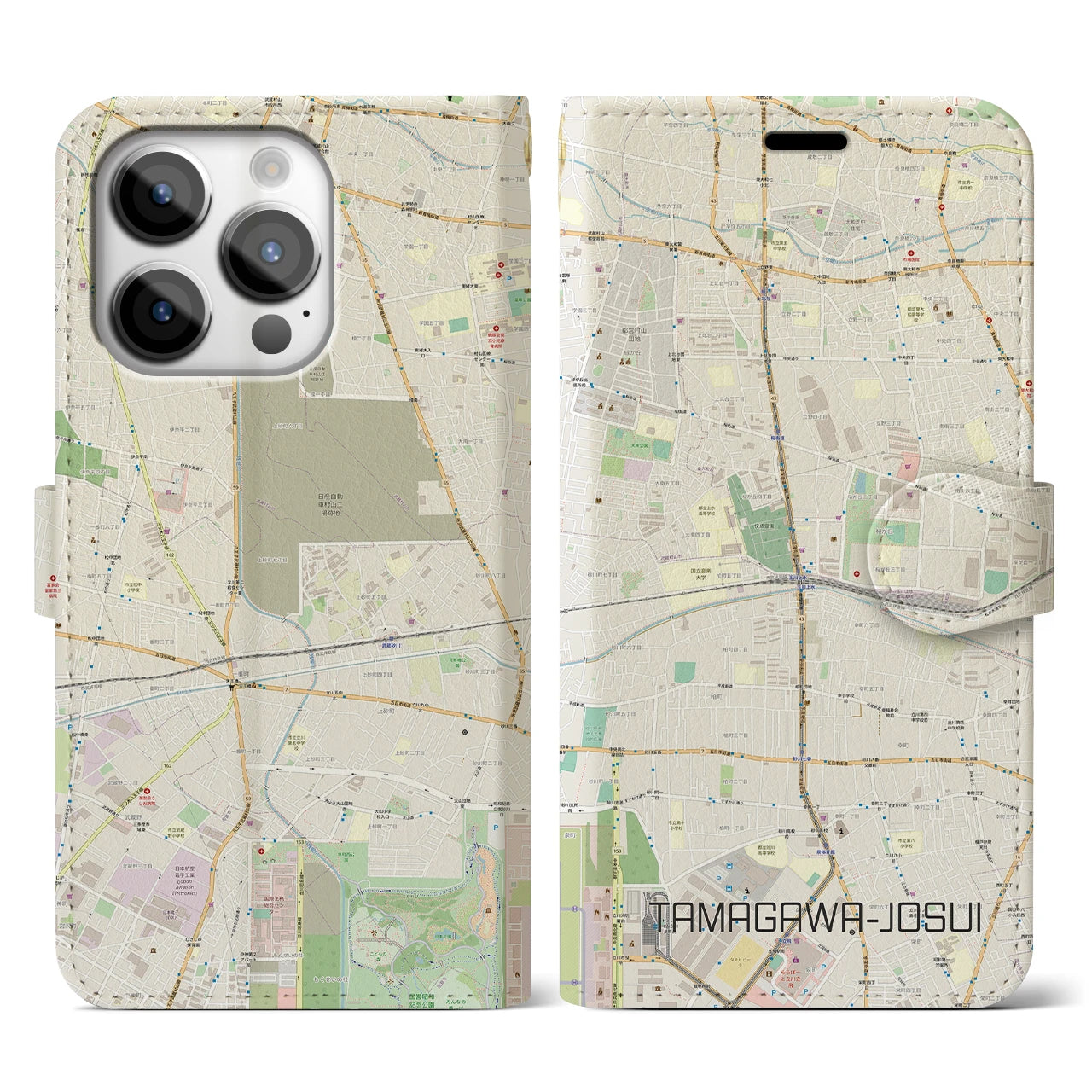 【玉川上水(東京都)】地図柄iPhoneケース(手帳タイプ)ナチュラル・iPhone 14 Pro 用