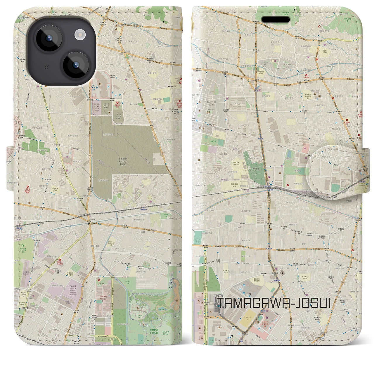 【玉川上水(東京都)】地図柄iPhoneケース(手帳タイプ)ナチュラル・iPhone 14 Plus 用