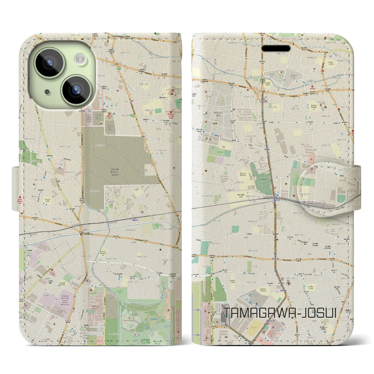 【玉川上水(東京都)】地図柄iPhoneケース(手帳タイプ)ナチュラル・iPhone 15 用