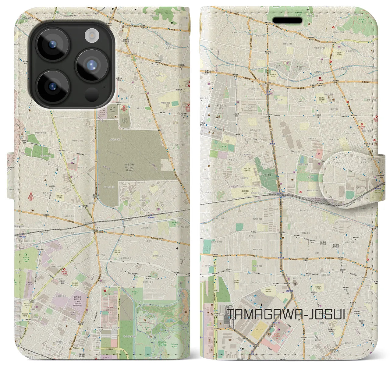 【玉川上水(東京都)】地図柄iPhoneケース(手帳タイプ)ナチュラル・iPhone 15 Pro Max 用