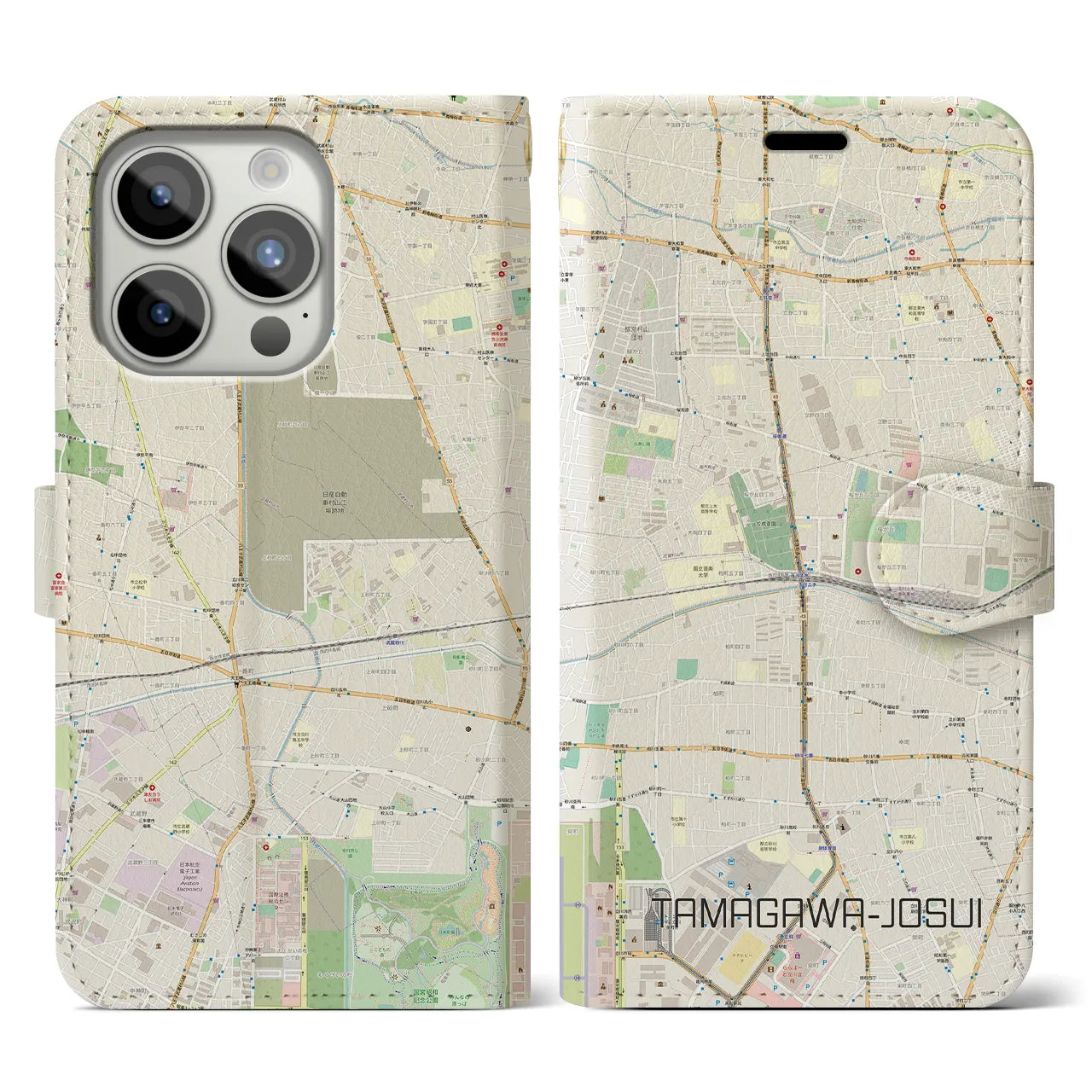 【玉川上水(東京都)】地図柄iPhoneケース(手帳タイプ)ナチュラル・iPhone 15 Pro 用