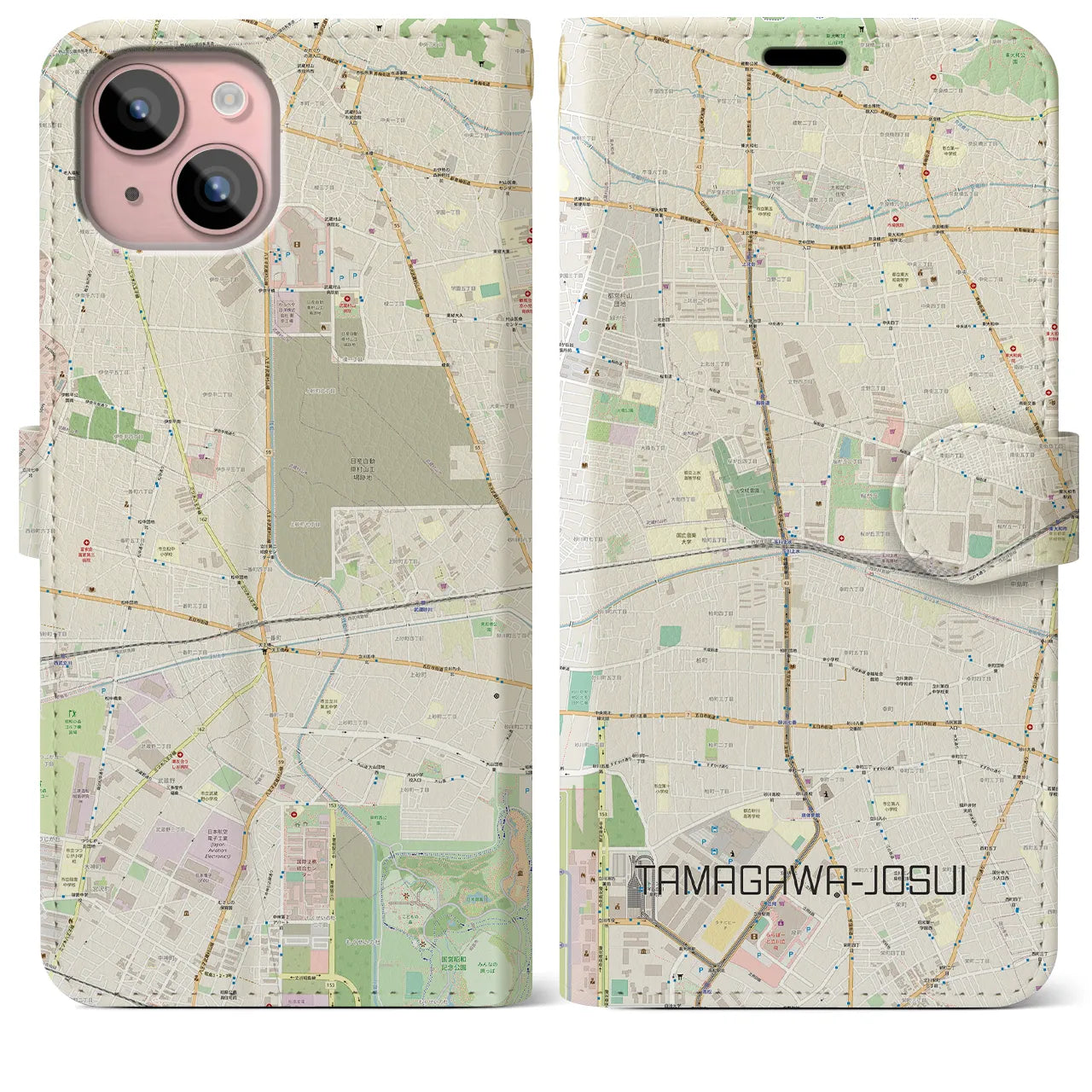 【玉川上水(東京都)】地図柄iPhoneケース(手帳タイプ)ナチュラル・iPhone 15 Plus 用
