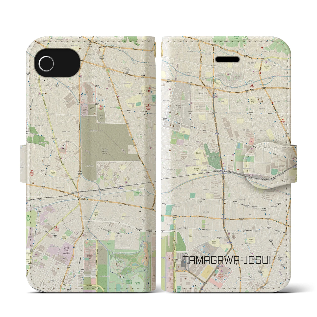 【玉川上水(東京都)】地図柄iPhoneケース(手帳タイプ)ナチュラル・iPhone SE(第3 / 第2世代) / 8 / 7 / 6s / 6 用