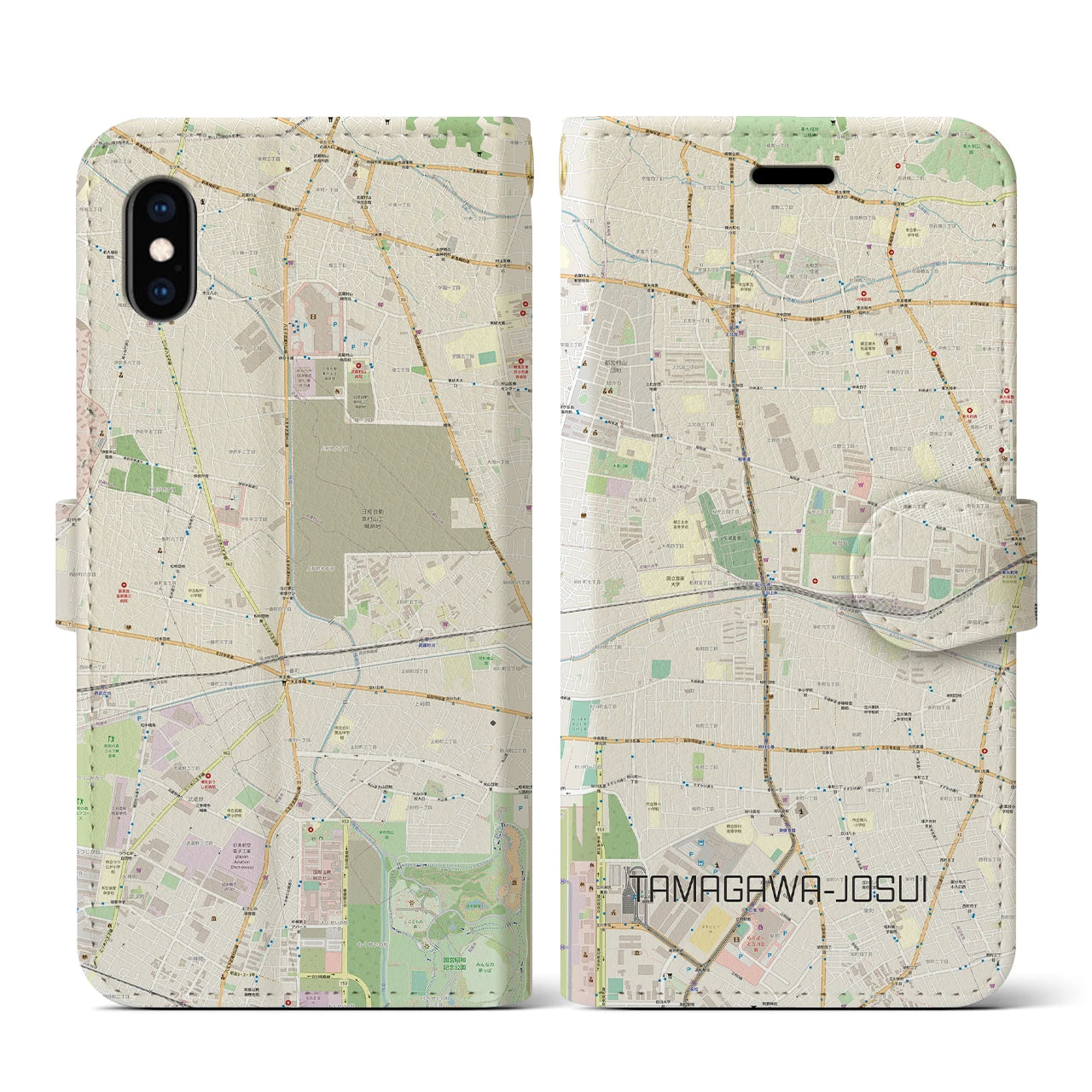 【玉川上水(東京都)】地図柄iPhoneケース(手帳タイプ)ナチュラル・iPhone XS / X 用