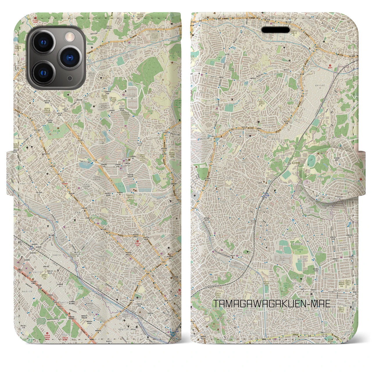 【玉川学園前(東京都)】地図柄iPhoneケース(手帳タイプ)ナチュラル・iPhone 11 Pro Max 用