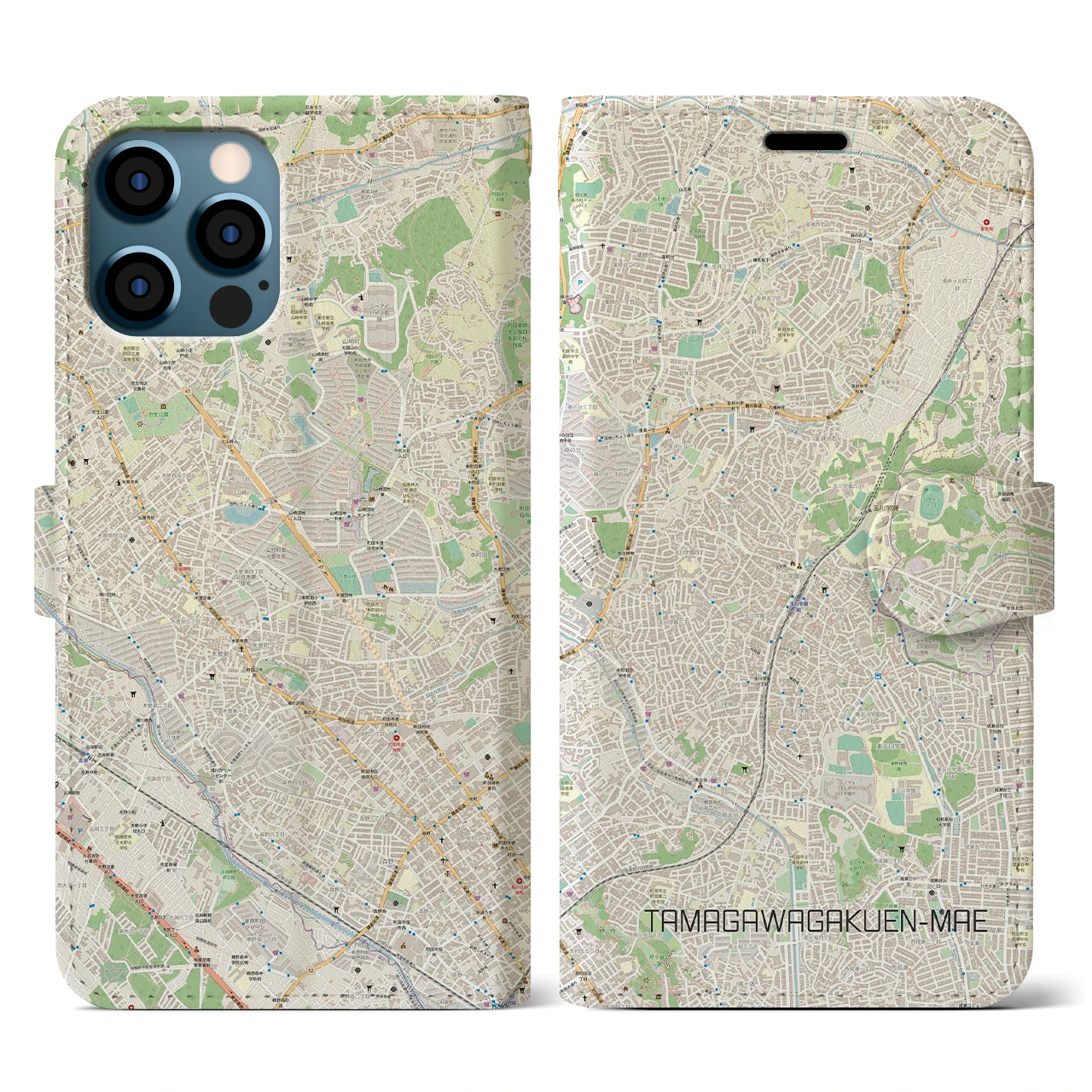 【玉川学園前(東京都)】地図柄iPhoneケース(手帳タイプ)ナチュラル・iPhone 12 / 12 Pro 用