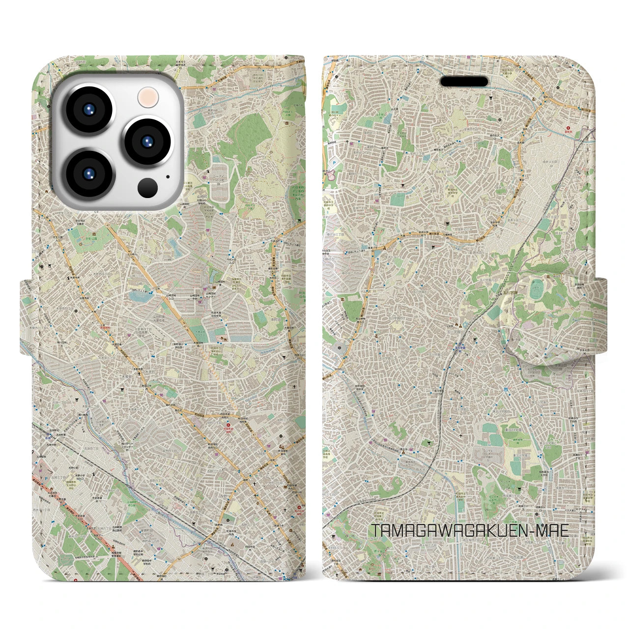【玉川学園前(東京都)】地図柄iPhoneケース(手帳タイプ)ナチュラル・iPhone 13 Pro 用
