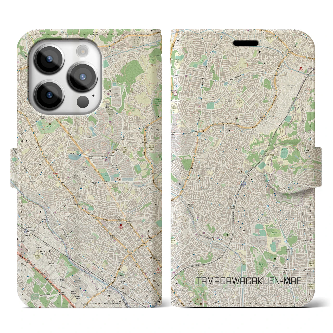 【玉川学園前(東京都)】地図柄iPhoneケース(手帳タイプ)ナチュラル・iPhone 14 Pro 用
