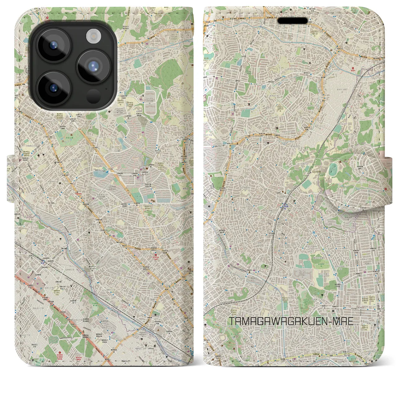 【玉川学園前(東京都)】地図柄iPhoneケース(手帳タイプ)ナチュラル・iPhone 15 Pro Max 用