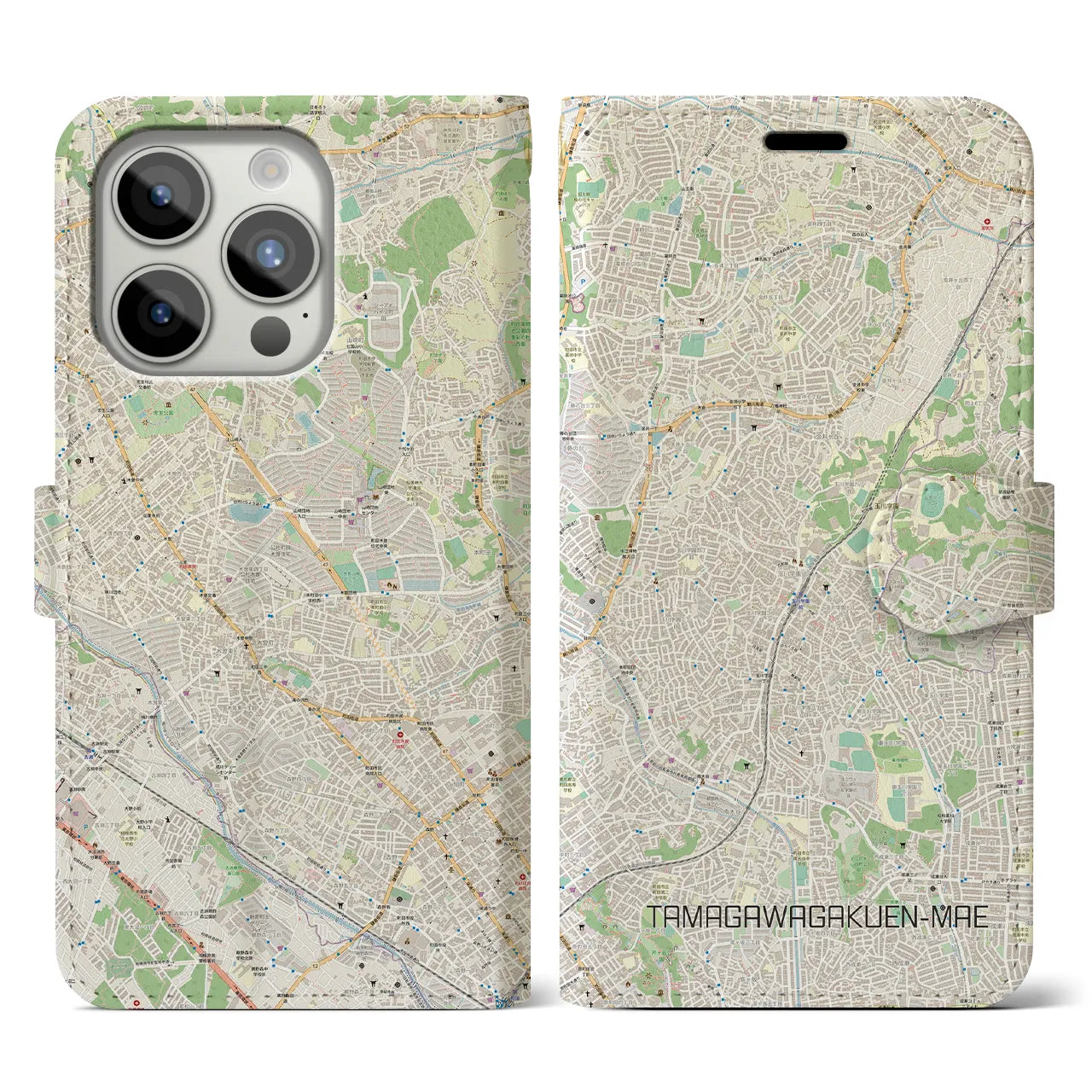 【玉川学園前(東京都)】地図柄iPhoneケース(手帳タイプ)ナチュラル・iPhone 15 Pro 用