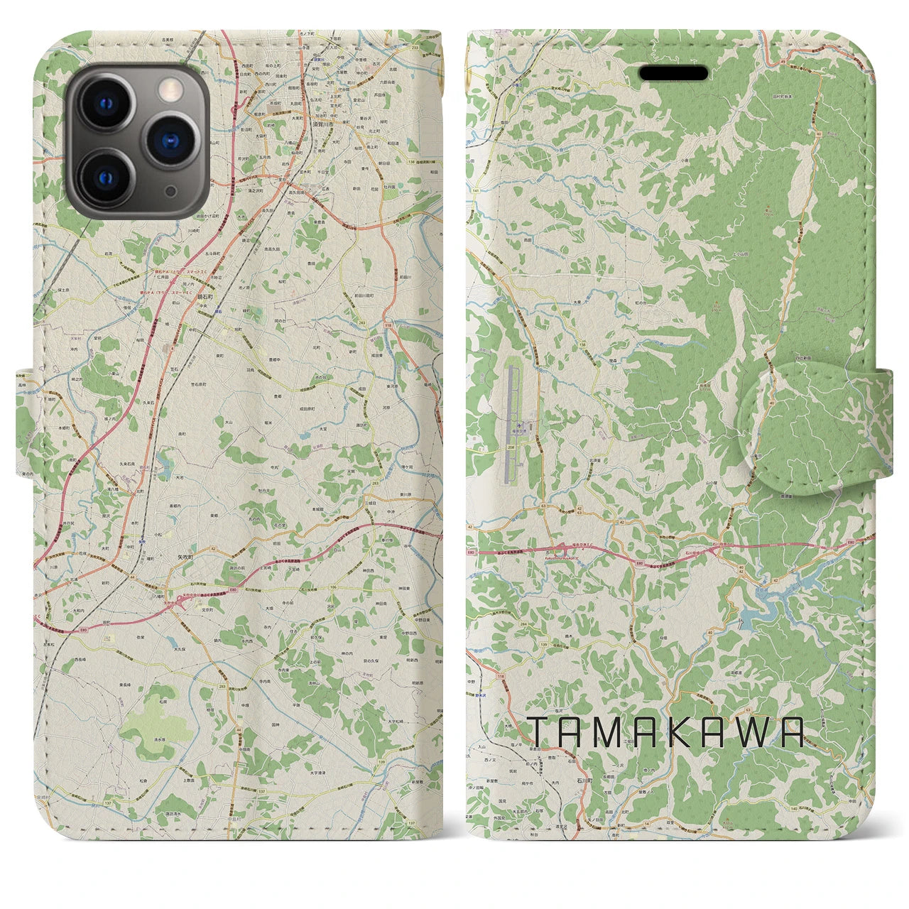 【玉川(福島県)】地図柄iPhoneケース(手帳タイプ)ナチュラル・iPhone 11 Pro Max 用