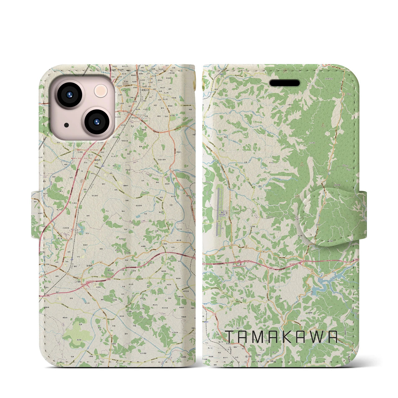【玉川(福島県)】地図柄iPhoneケース(手帳タイプ)ナチュラル・iPhone 13 mini 用