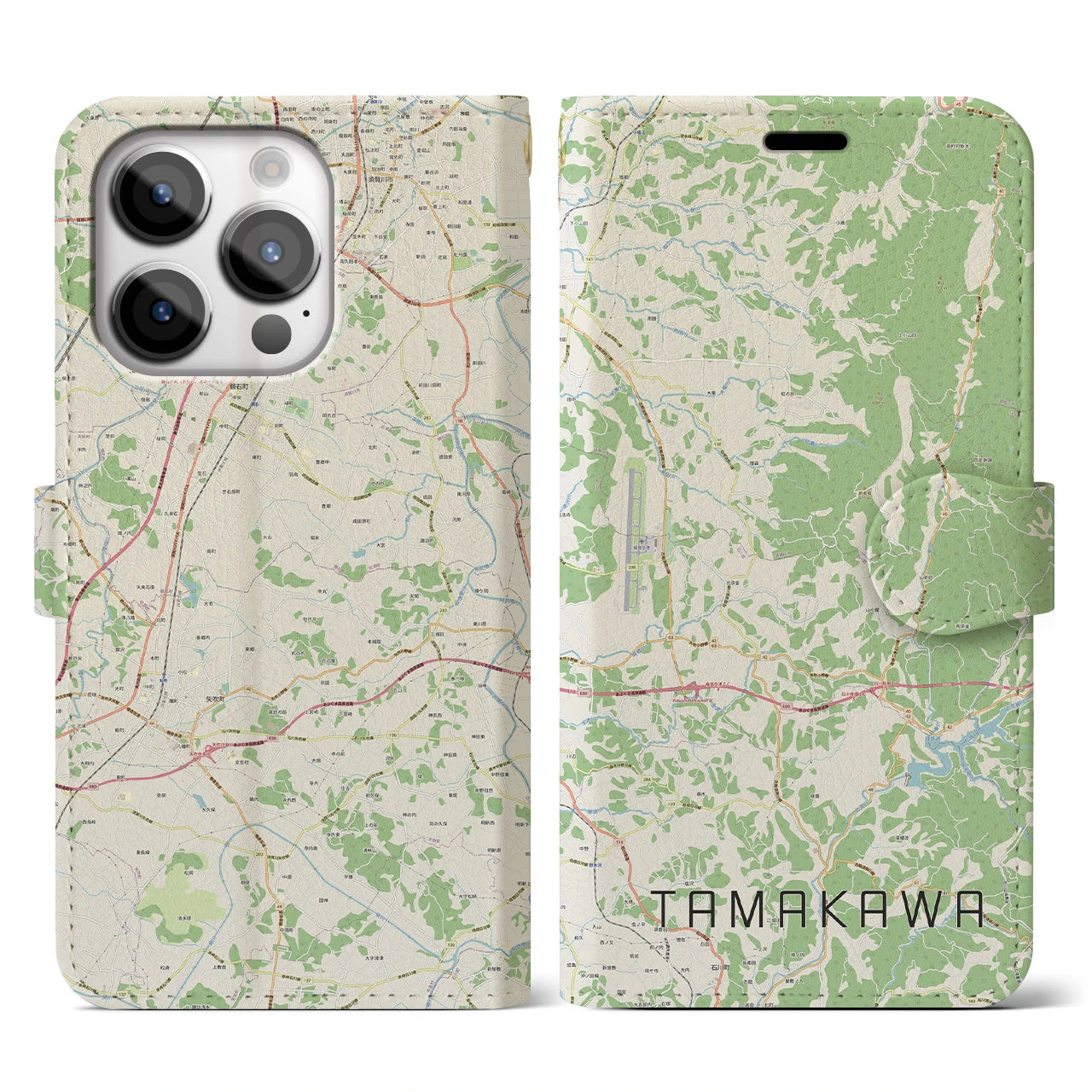 【玉川(福島県)】地図柄iPhoneケース(手帳タイプ)ナチュラル・iPhone 14 Pro 用