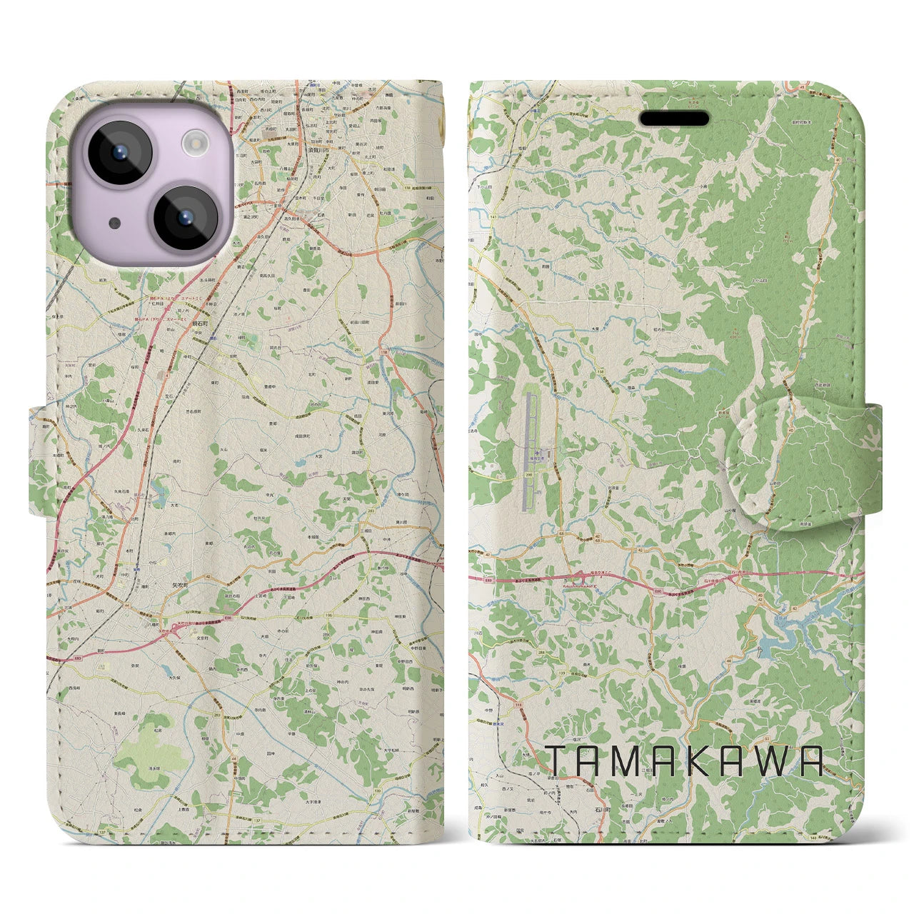 【玉川(福島県)】地図柄iPhoneケース(手帳タイプ)ナチュラル・iPhone 14 用