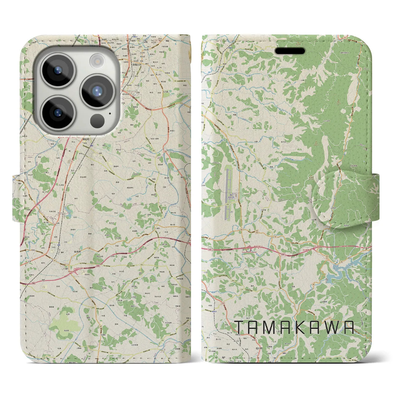 【玉川(福島県)】地図柄iPhoneケース(手帳タイプ)ナチュラル・iPhone 15 Pro 用