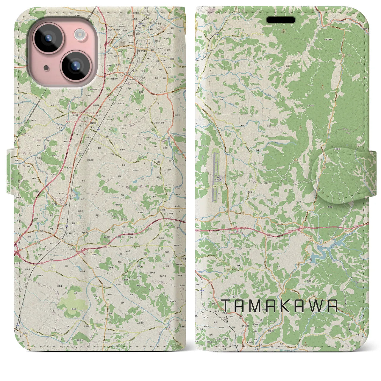 【玉川(福島県)】地図柄iPhoneケース(手帳タイプ)ナチュラル・iPhone 15 Plus 用