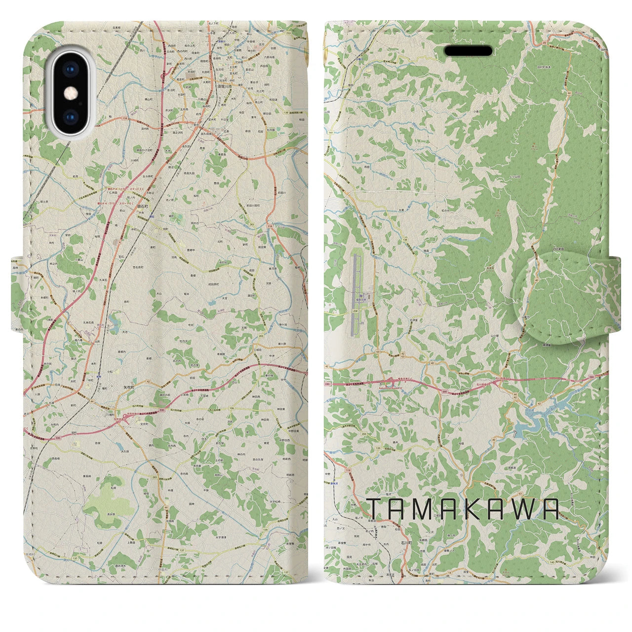 【玉川(福島県)】地図柄iPhoneケース(手帳タイプ)ナチュラル・iPhone XS Max 用