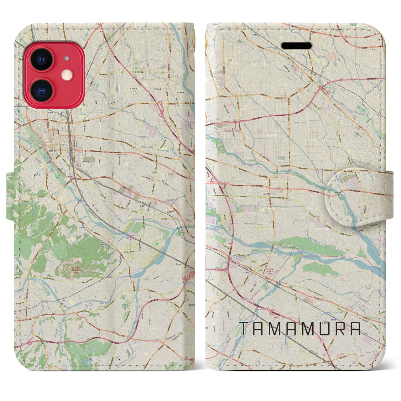 【玉村(群馬県)】地図柄iPhoneケース(手帳タイプ)ナチュラル・iPhone 11 用