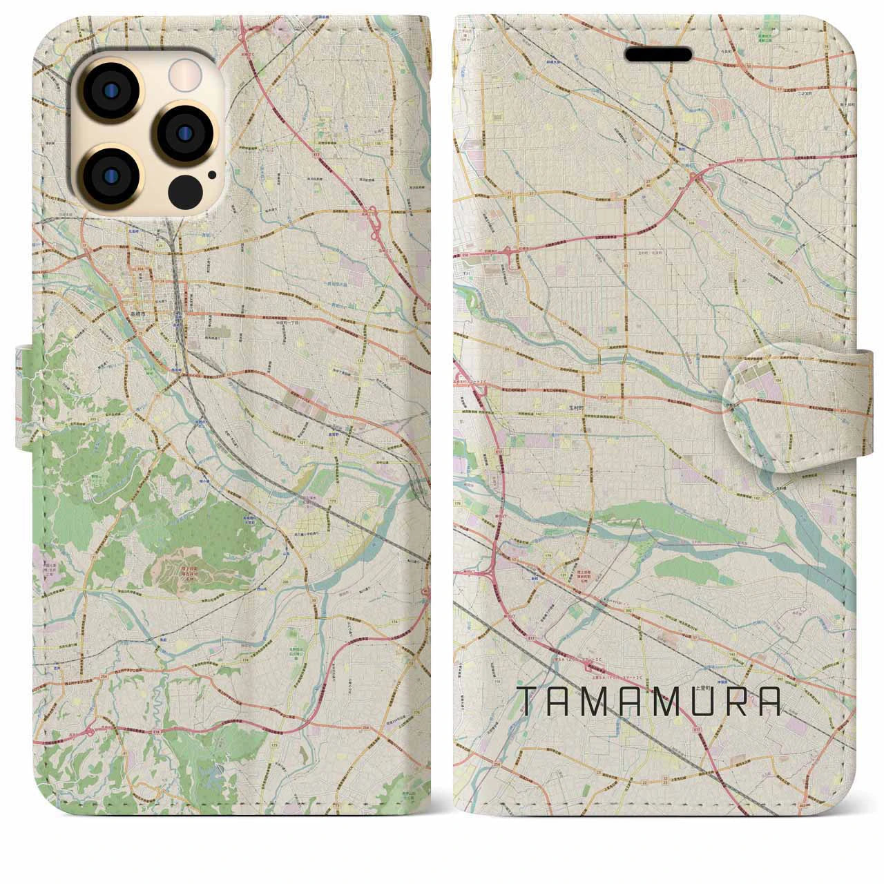 【玉村(群馬県)】地図柄iPhoneケース(手帳タイプ)ナチュラル・iPhone 12 Pro Max 用