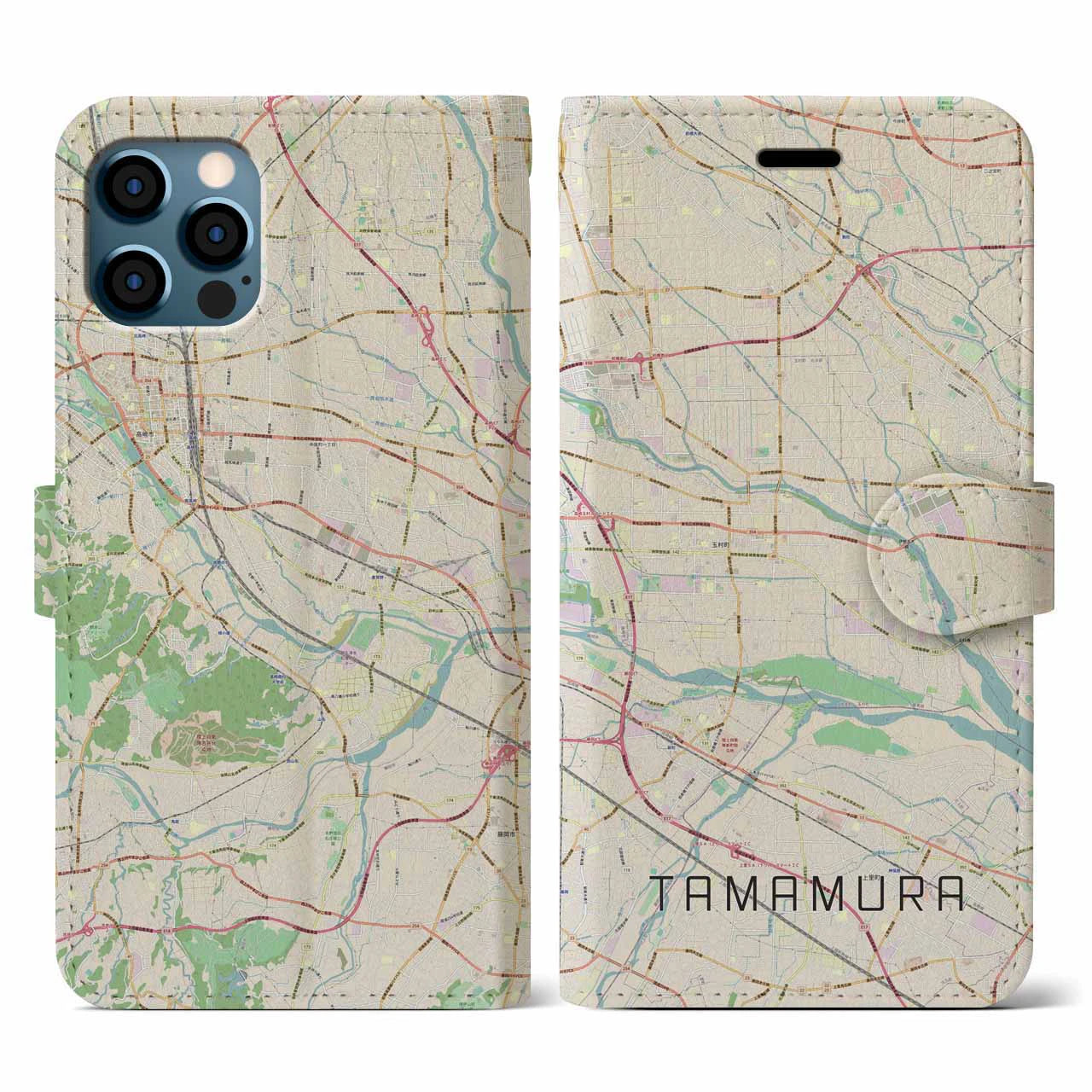 【玉村(群馬県)】地図柄iPhoneケース(手帳タイプ)ナチュラル・iPhone 12 / 12 Pro 用