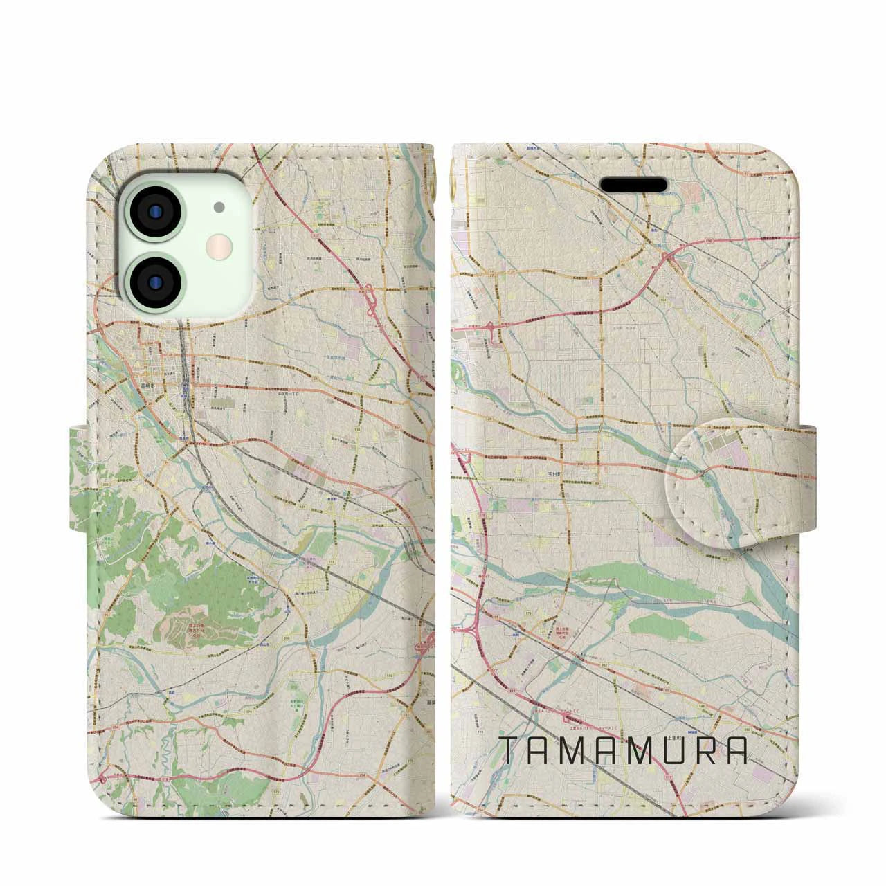 【玉村(群馬県)】地図柄iPhoneケース(手帳タイプ)ナチュラル・iPhone 12 mini 用