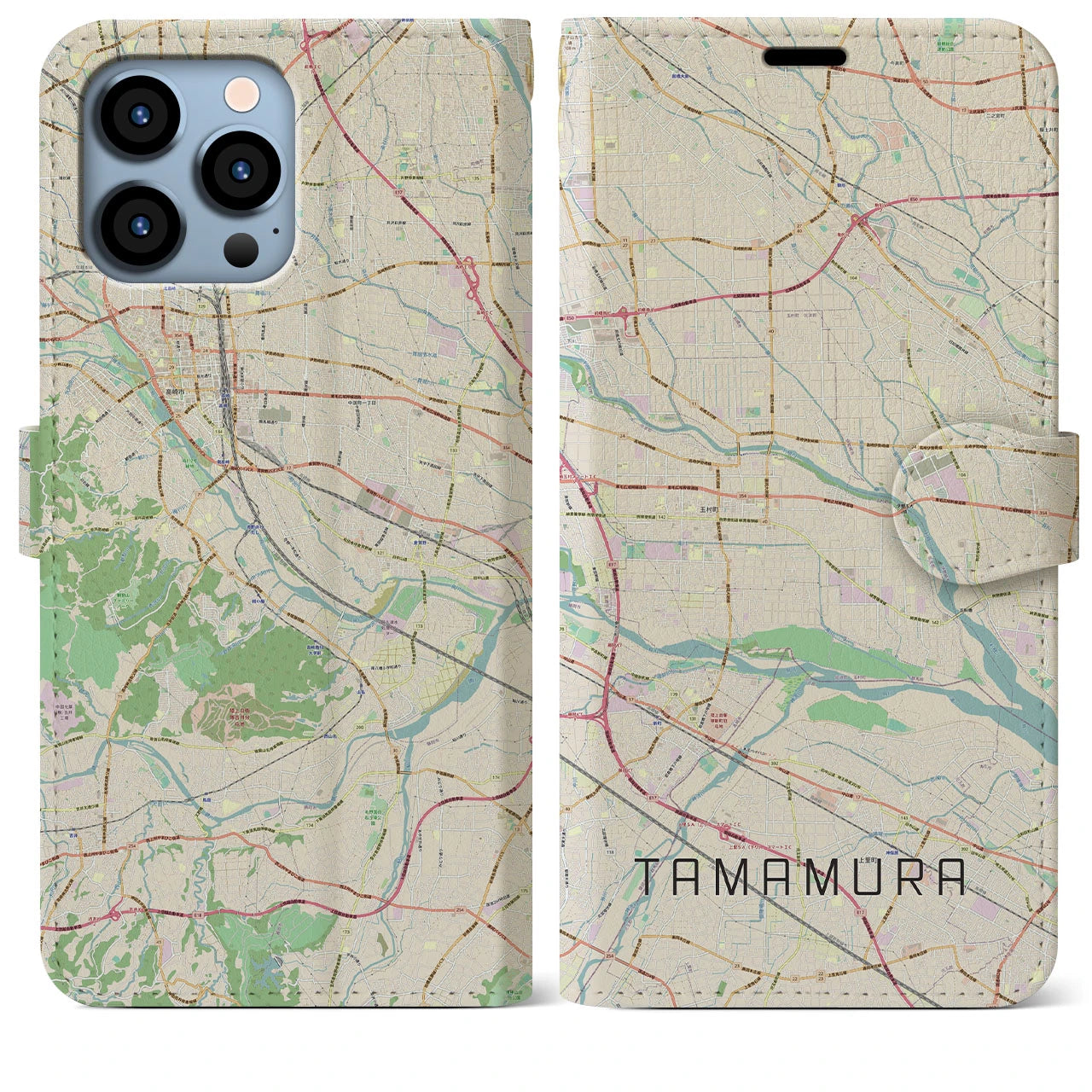 【玉村(群馬県)】地図柄iPhoneケース(手帳タイプ)ナチュラル・iPhone 13 Pro Max 用