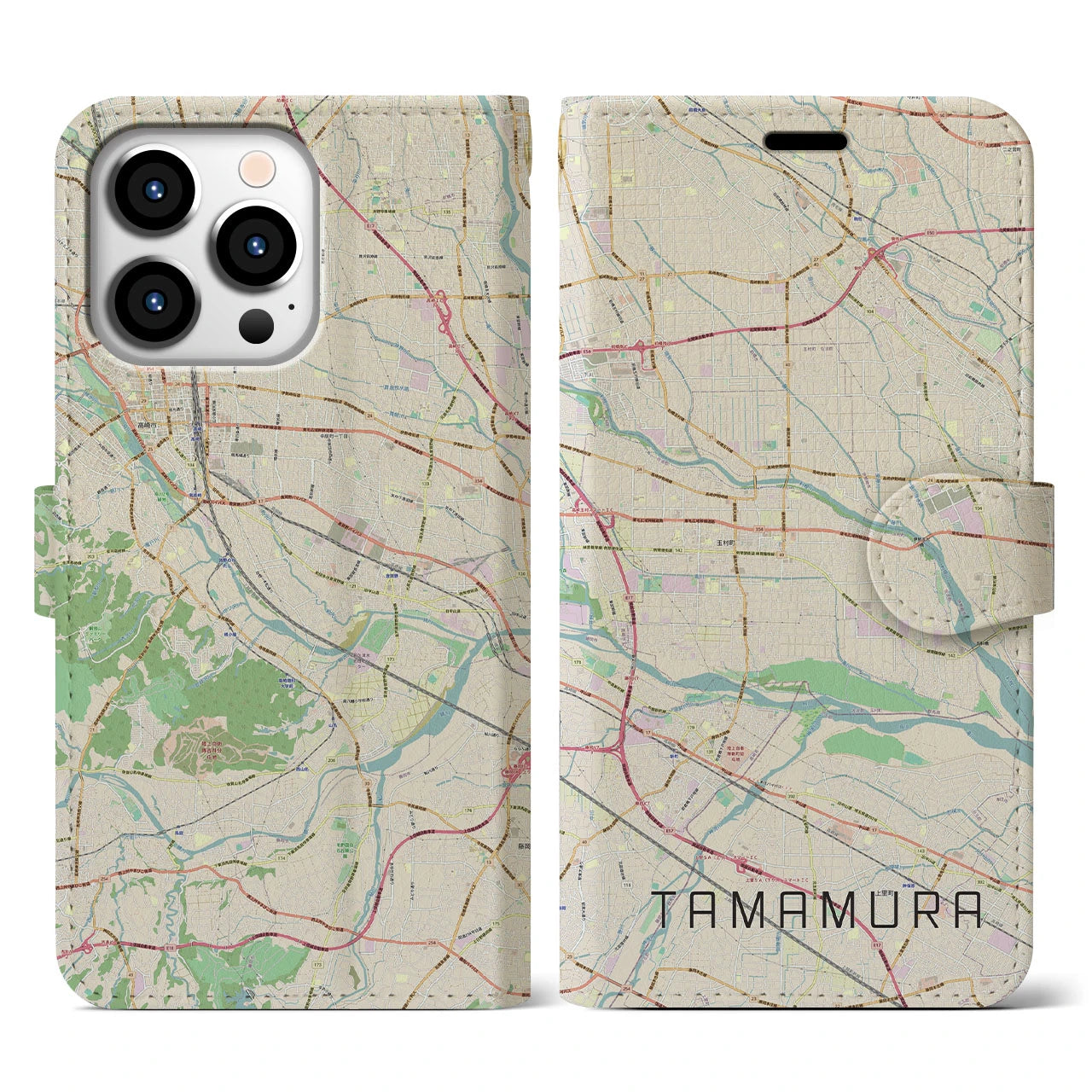 【玉村(群馬県)】地図柄iPhoneケース(手帳タイプ)ナチュラル・iPhone 13 Pro 用