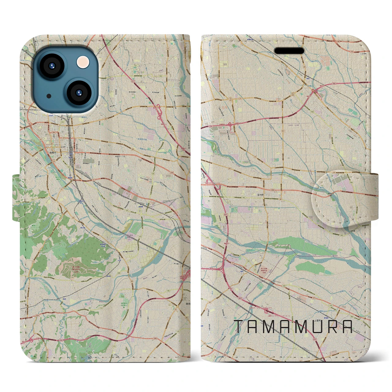 【玉村(群馬県)】地図柄iPhoneケース(手帳タイプ)ナチュラル・iPhone 13 用