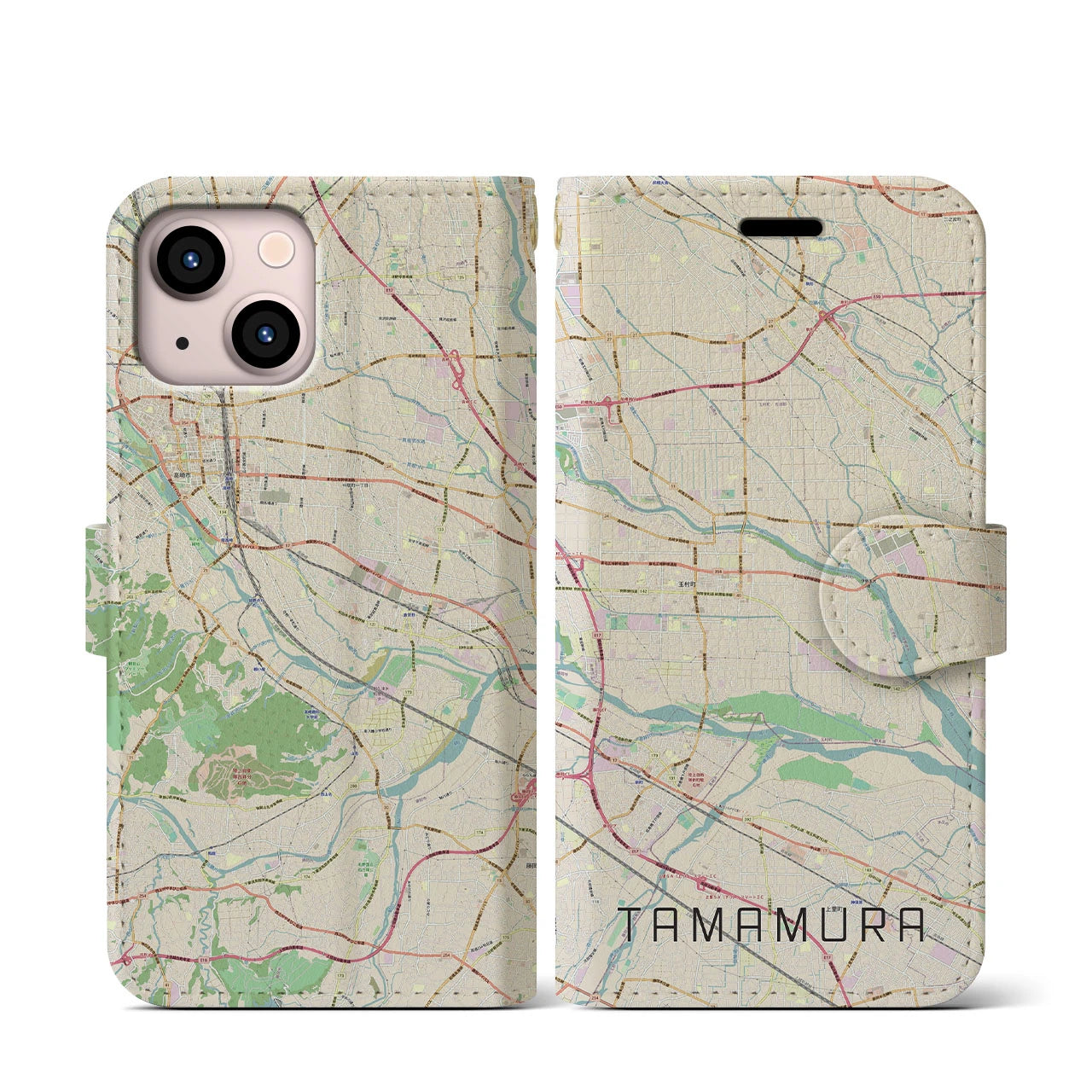 【玉村(群馬県)】地図柄iPhoneケース(手帳タイプ)ナチュラル・iPhone 13 mini 用