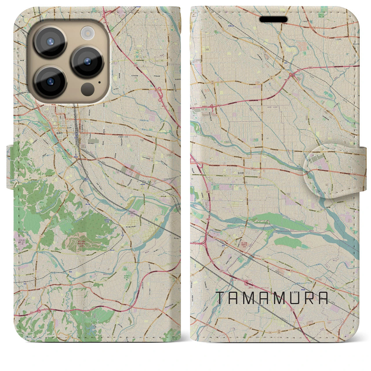 【玉村(群馬県)】地図柄iPhoneケース(手帳タイプ)ナチュラル・iPhone 14 Pro Max 用