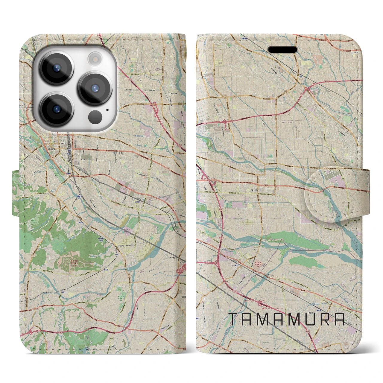 【玉村(群馬県)】地図柄iPhoneケース(手帳タイプ)ナチュラル・iPhone 14 Pro 用