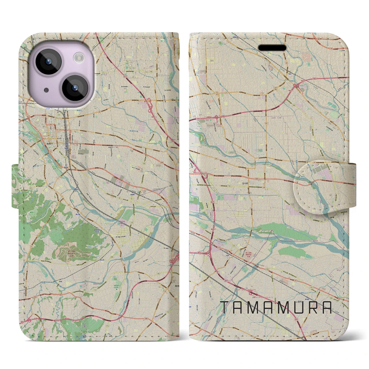【玉村(群馬県)】地図柄iPhoneケース(手帳タイプ)ナチュラル・iPhone 14 用