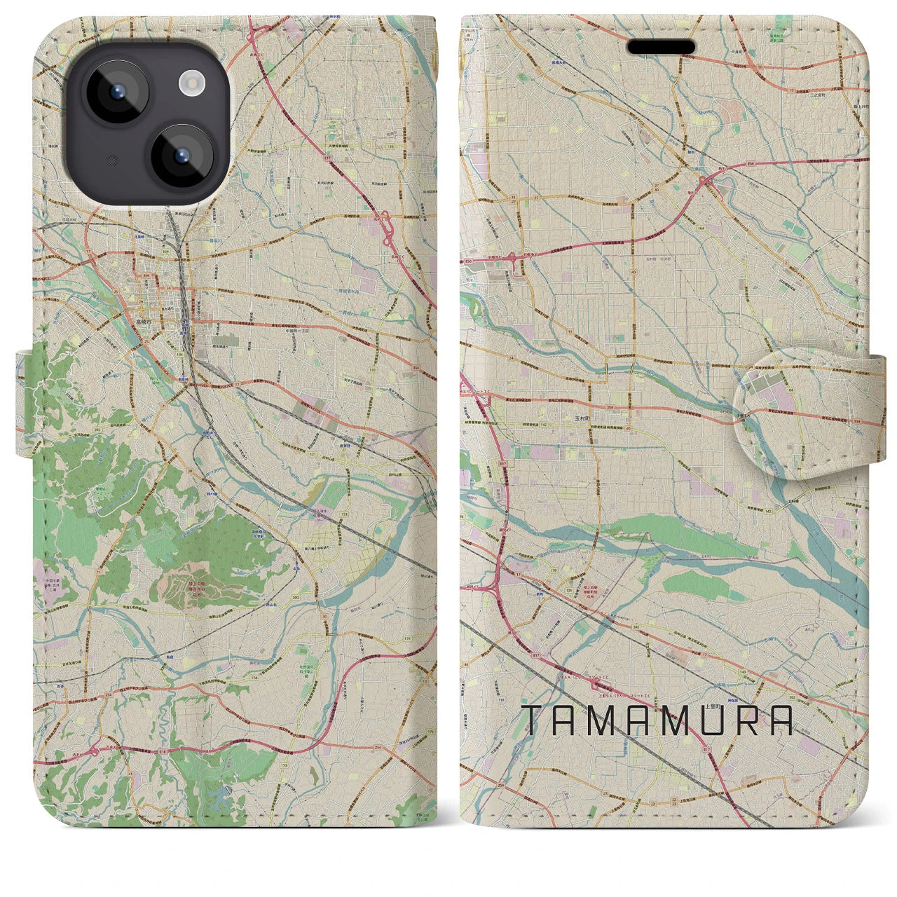 【玉村(群馬県)】地図柄iPhoneケース(手帳タイプ)ナチュラル・iPhone 14 Plus 用
