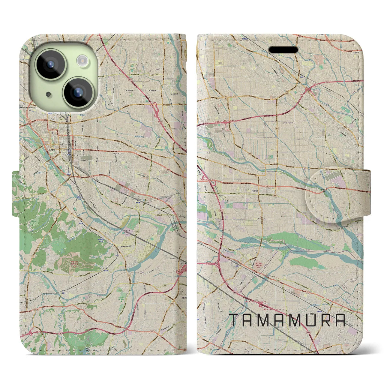 【玉村(群馬県)】地図柄iPhoneケース(手帳タイプ)ナチュラル・iPhone 15 用