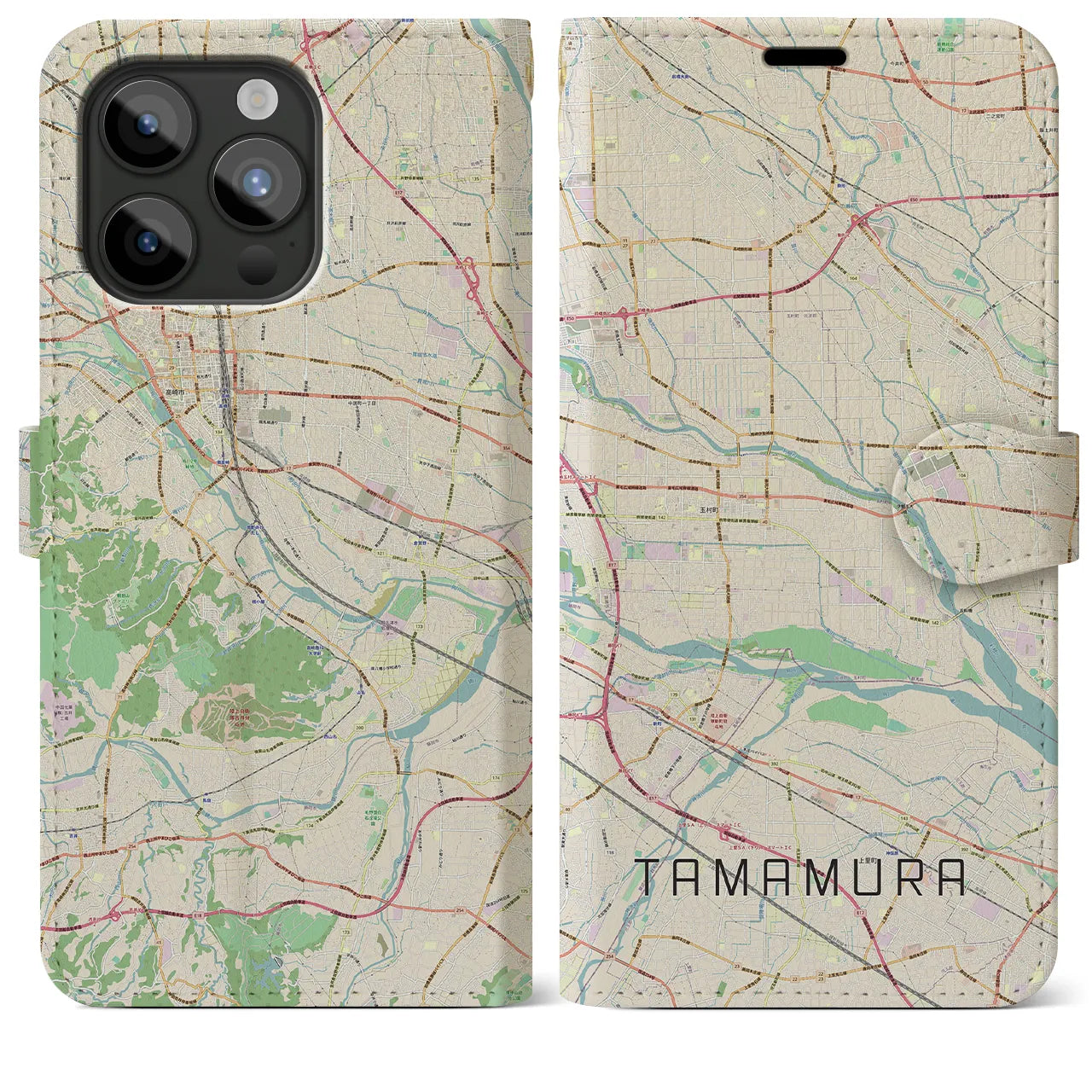 【玉村(群馬県)】地図柄iPhoneケース(手帳タイプ)ナチュラル・iPhone 15 Pro Max 用