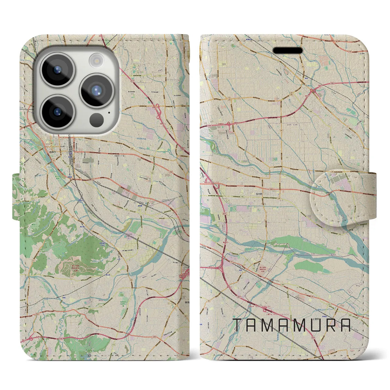 【玉村(群馬県)】地図柄iPhoneケース(手帳タイプ)ナチュラル・iPhone 15 Pro 用