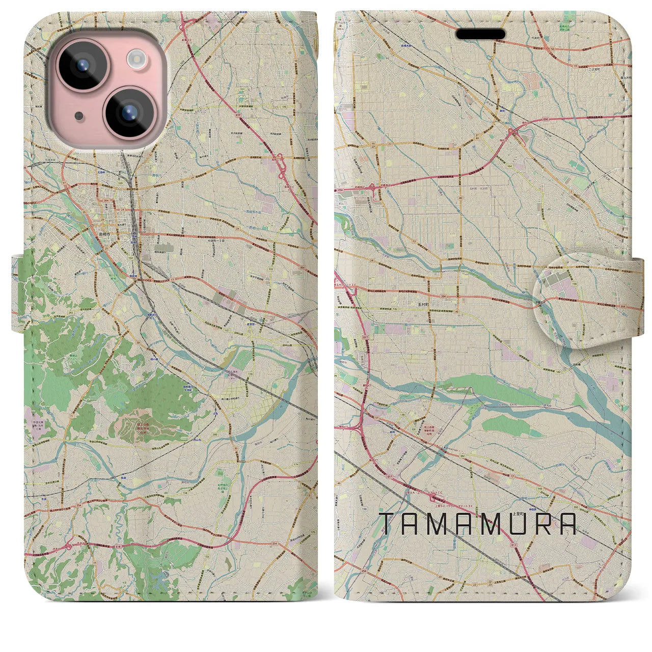 【玉村(群馬県)】地図柄iPhoneケース(手帳タイプ)ナチュラル・iPhone 15 Plus 用